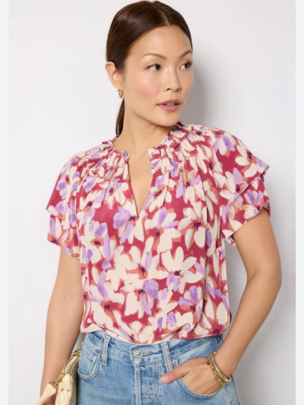 Rails Kamila Floral Ruffle Flutter-Sleeve Blouse